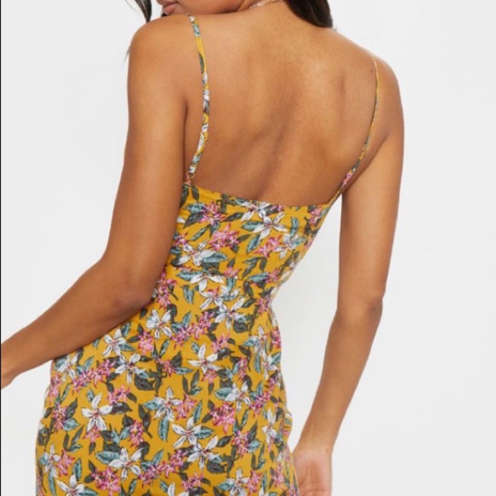 Mustard tie front floral print tea dress